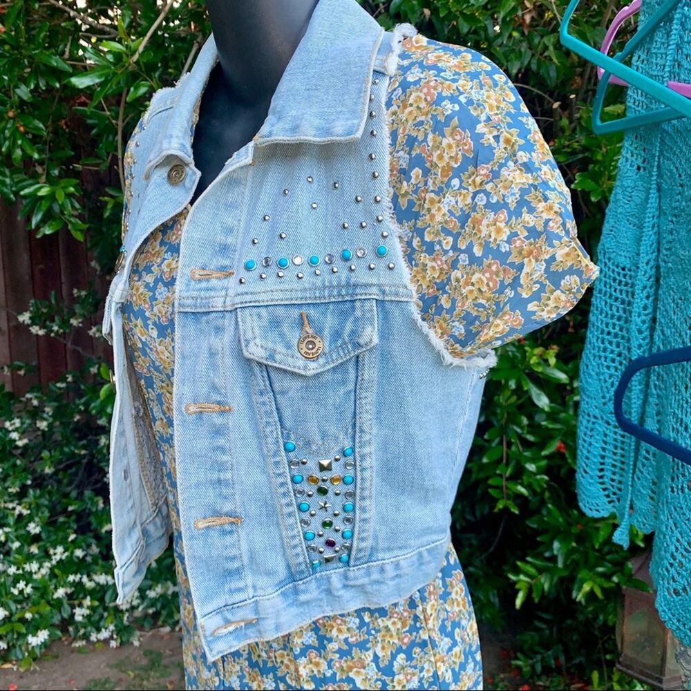 VINTAGE Y2K STUDDED JEWELED DENIM VEST WAISTCOAT W/ TURQUOISE & STUDS